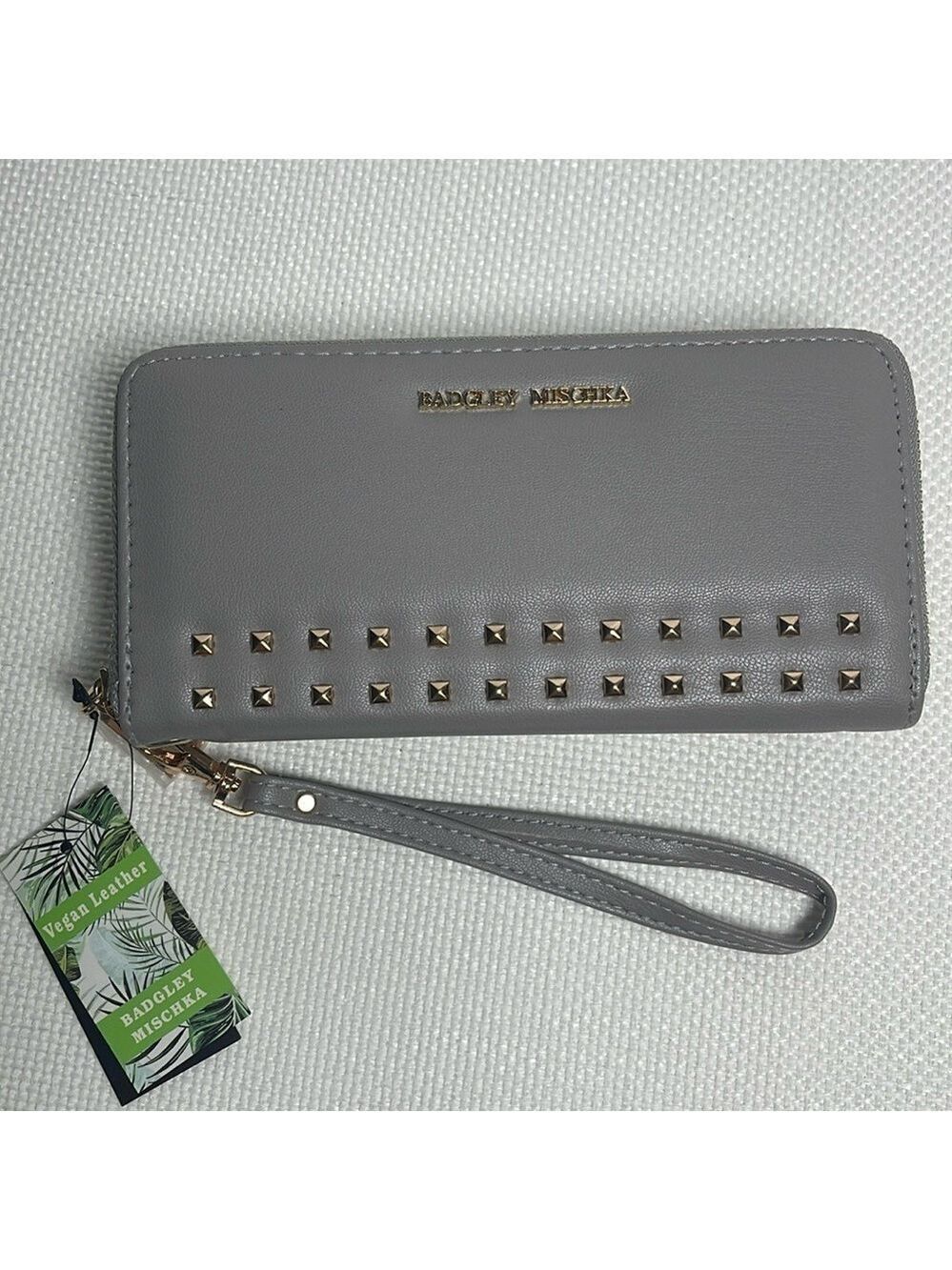 NWT Badgley Mischka Gray Studded Clutch Wristlet Gold Tone Hardware Zip Closure